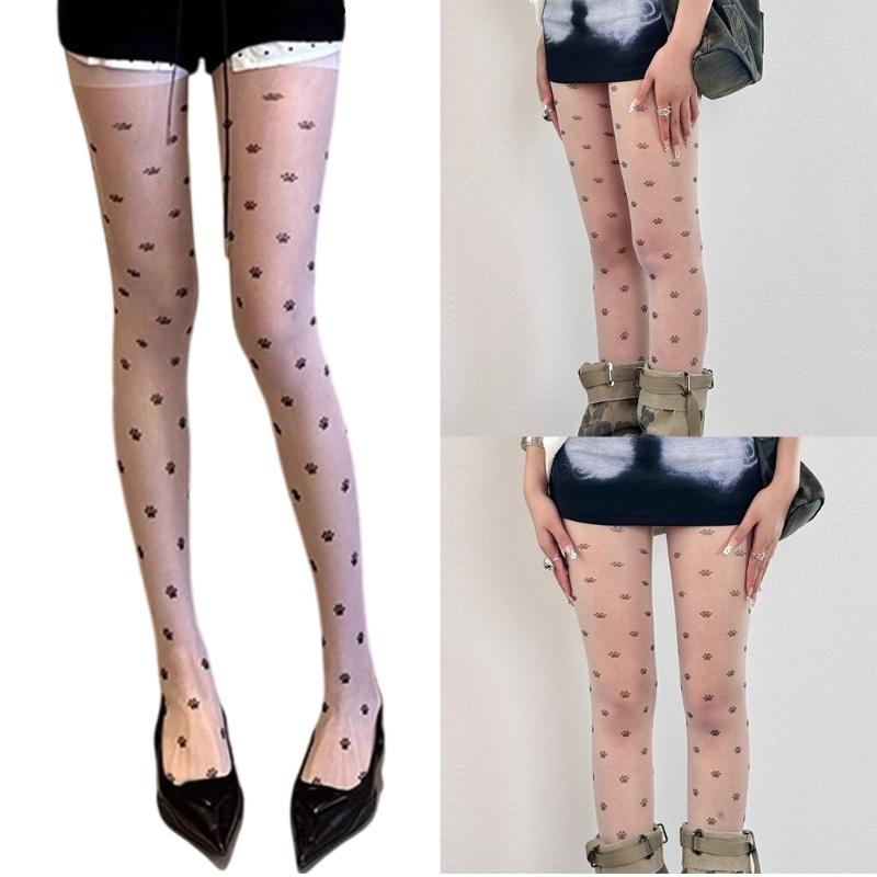 Women Aesthetic Sweet Cats Paws Bowknot Printed Sheer Silk Tights Stockings Thin See Through Pantyhose Leggings Hosiery