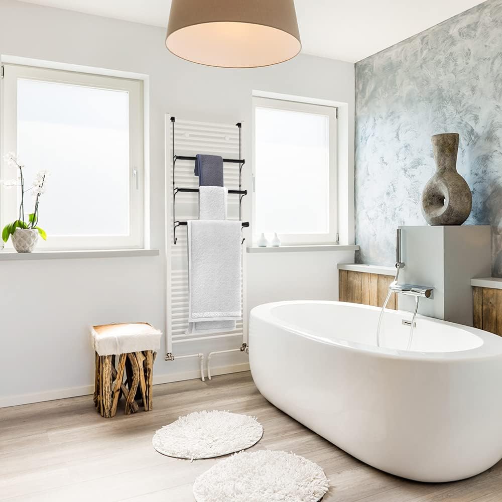 Extendable Towel Hanger, Door Hook, 3 Tiers with 2 Hooks, No-Hole Installation, Space-Saving for Bathroom and Kitchen, Black