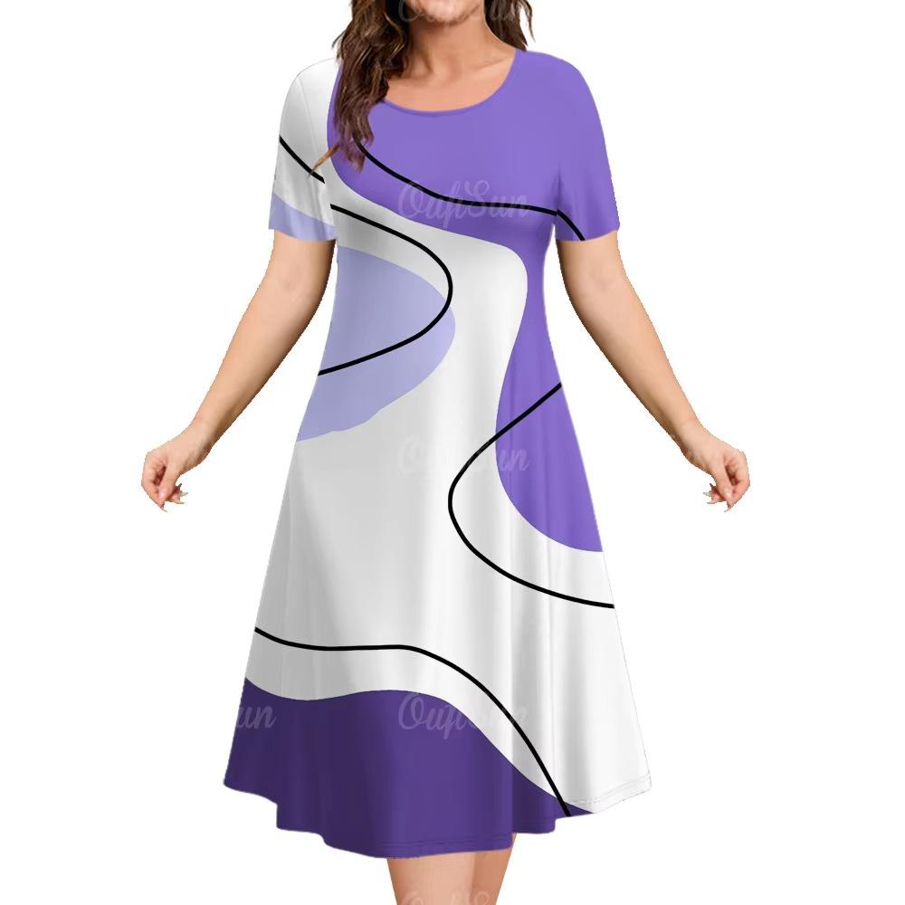 Elegant Women Short Sleeve Fashion 3d Print Midi Dress Plus Size Beach Clothing