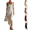 Women's Ruched Waist Sleeveless Dress Side Slit Midi Dress Summer Casual Slim Fit Dress with Adjustable Straps and Cutout Detail