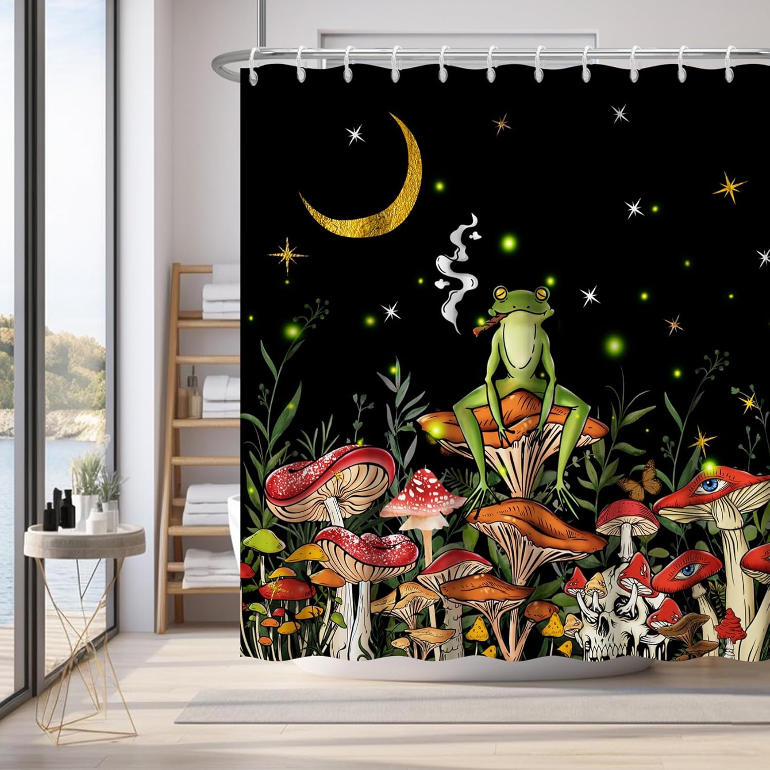 

Renaiss 72X72 Inches Funny Frog Mushroom Shower Curtain Boho Moon Stars Rustic Wildflower Nature Botanical Black Fabric Shower C W60H190(CM)-1 Pcs