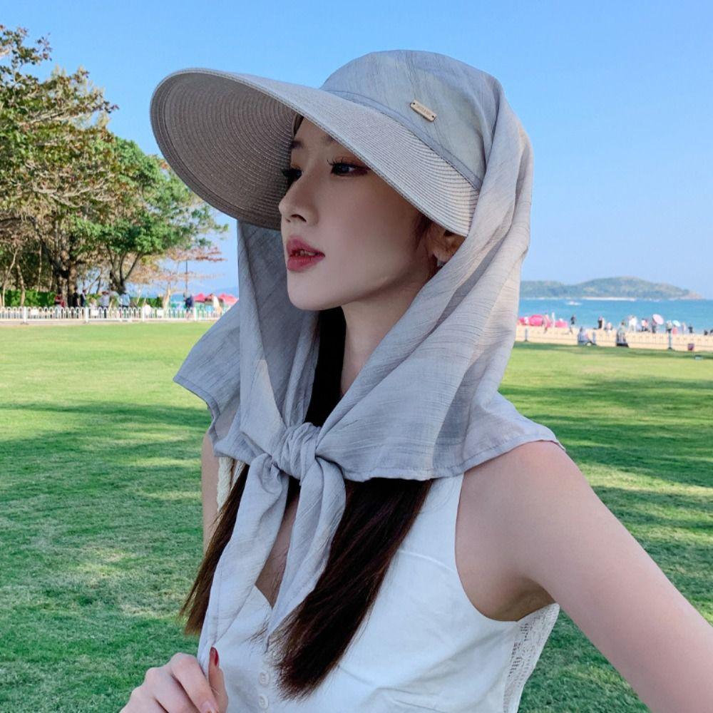 Sombrero de Béisbol con Pañuelo para la Cabeza Estilo Coreano Portátil Ala Ancha Estampado Sombrero de Sol de Verano Cinta para el Cabello Protector de Cuello Sombrero Bufanda de Tirantes Niña