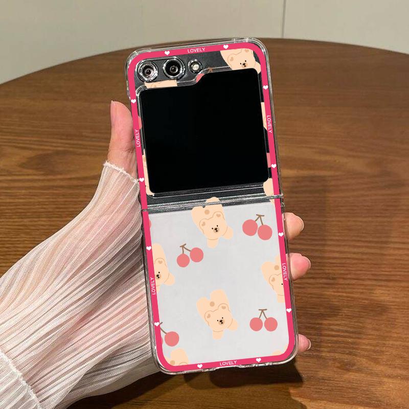 For Samsung ZFlip 5 4 6 Cute Cartoon Bear Case for Samsung Galaxy Z Flip 6 5 4 3 Flip5 ZFlip4 Cherry Hard Clear Cover Fundas