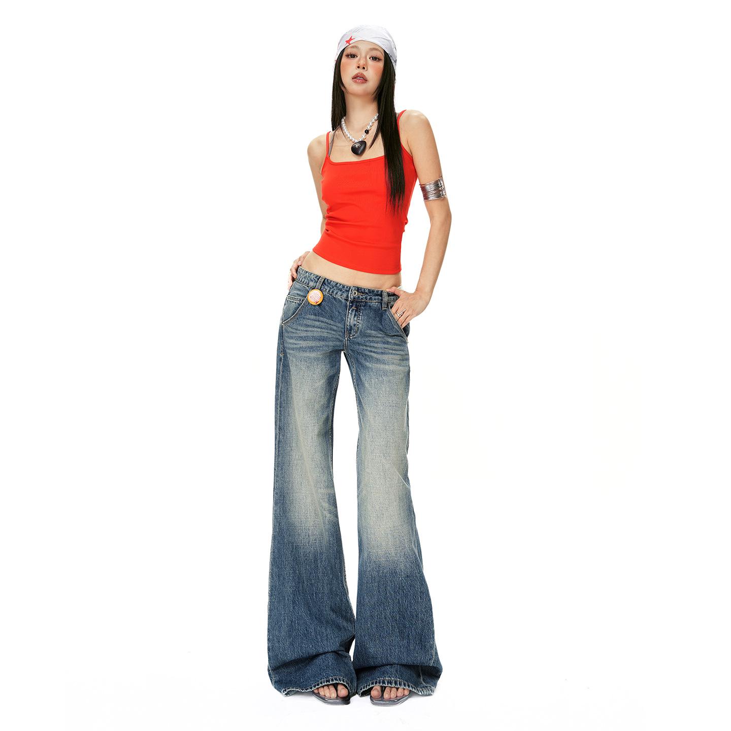 American Retro Washed Low-Waist Wide-Leg Women s Jeans - Spring 2026 Collection, Straight and Loose Floor-Length Fit. S