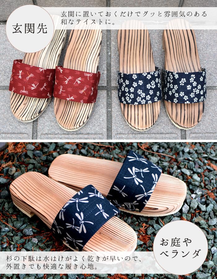 Takeharu Hita Made In Cedar Unglazed Bamboo Stroll Healthy Navy Hemp Leaf Pattern Geta, Japan, Men's Clogs, Cedar, Style, Sandals, Blue,