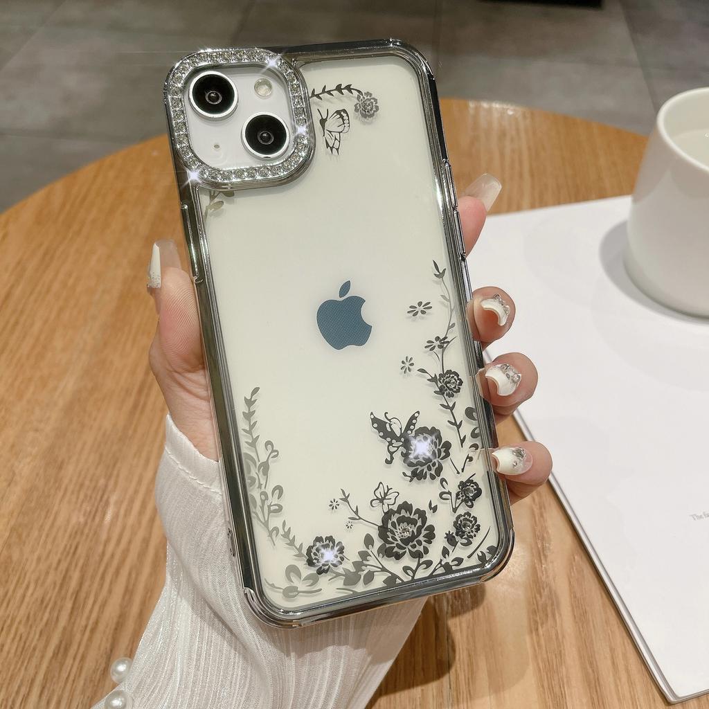 Applicable To Apple 15ProMax Phone Case, IPhone14 Electroplated Butterfly Ring Stand, Lens Flash Diamond Protective Case