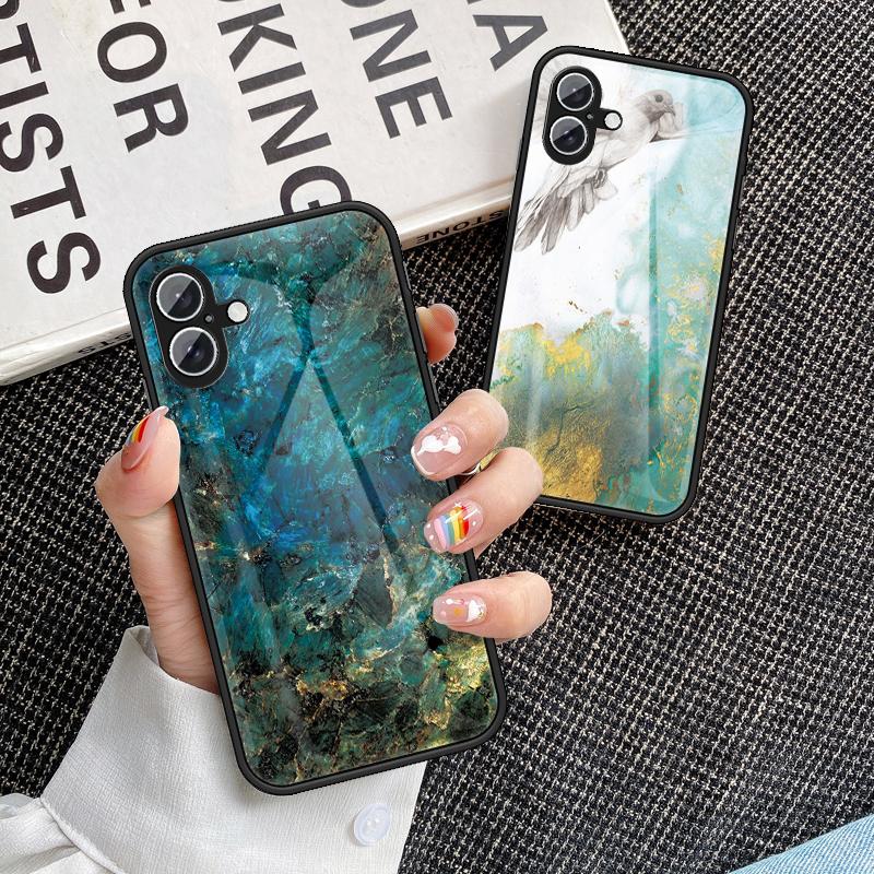 For iPhone 16 Case Marble Pattern Tempered Glass+PC+TPU Protective Phone Cover