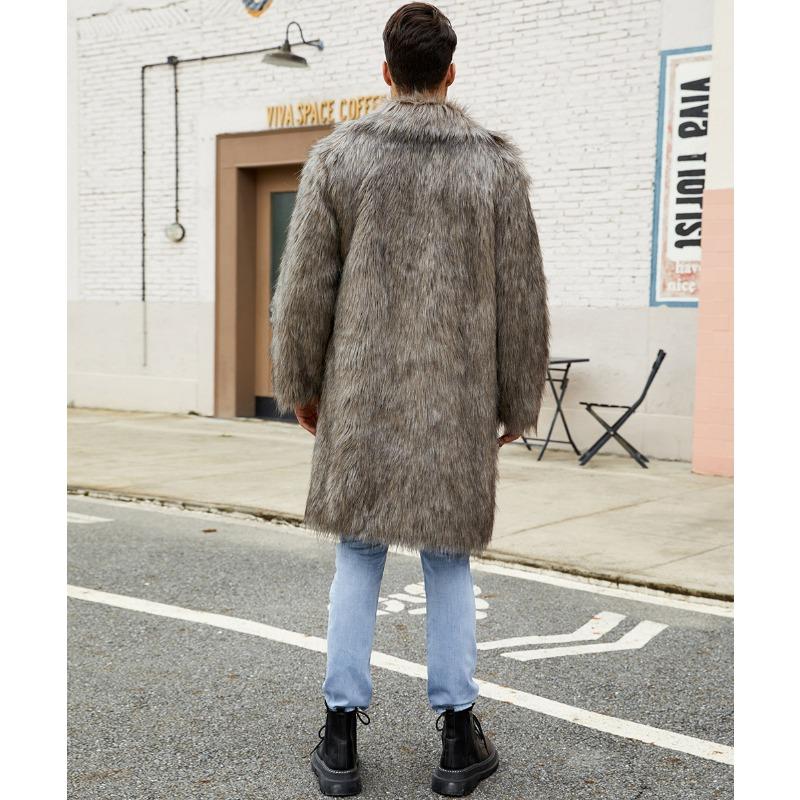 Men's Mid-Length Faux Fur Coat Lapel Warm Winter Overcoat Casual Streetwear