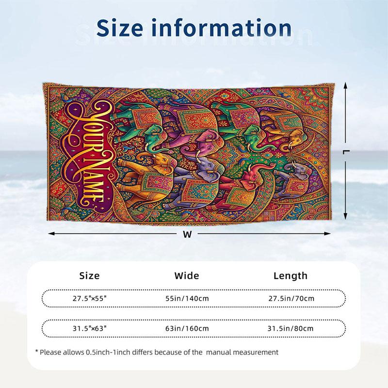 Elephant Theme Beach Towel Personalized Custom Name & Text Soft Quick Dry Beach Towel for Swimming Travel