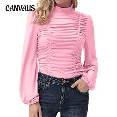 Chemisier chaud à col rond pour femme, couleur unie, manches lanterne plissées, Slim, manches longues, automne et hiver