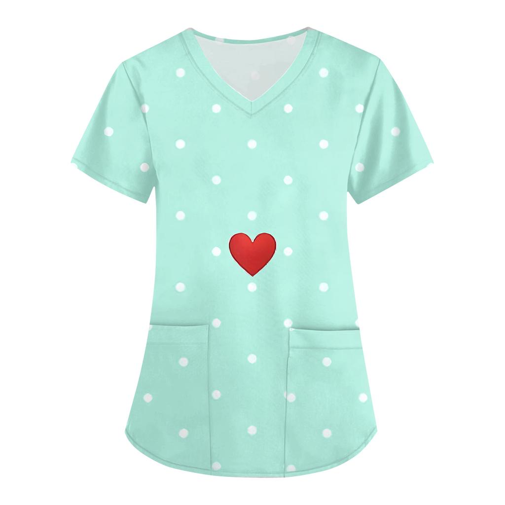 Women's Fashion V,Neck Short Sleeve Overalls With Pockets Valentine's Day Printed Tops Clothes