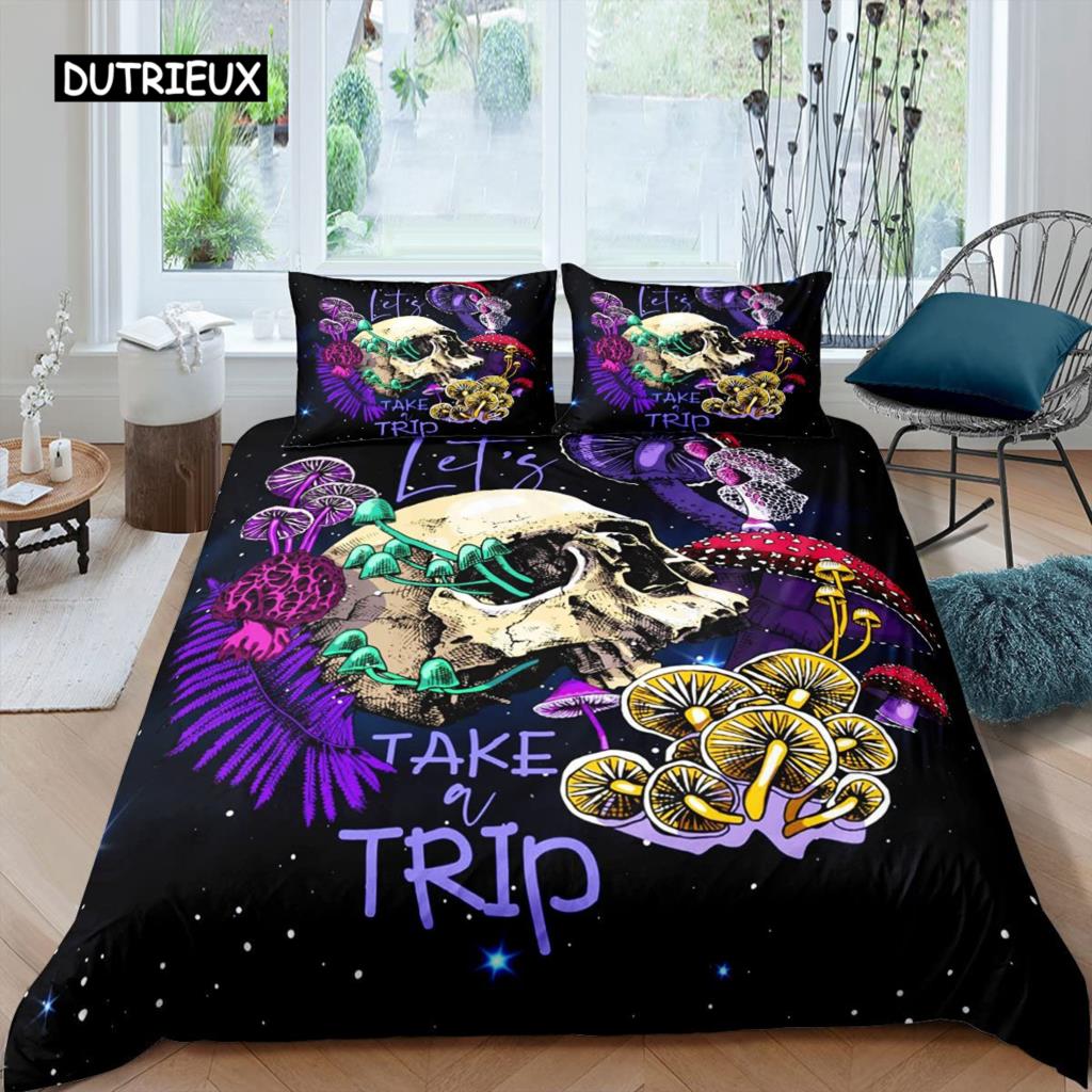 Sugar Skull Duvet Cover for Lover Sweetheart Roses Twin Bedding Set Microfiber Halloween Men Smoke Fog Horror Gothic Quilt Cover