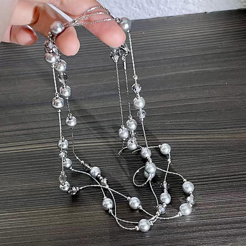 Damen Graue Schleierkraut Perlenkette - Luxuriöses Mehrlagiges Pulloverketten-Accessoire