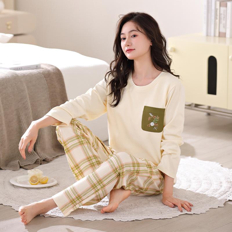 Pajamas Women'S Pure Cotton Long-Sleeved Trousers Can Be Worn Outside With Chest Pads Loungewear Suit Women