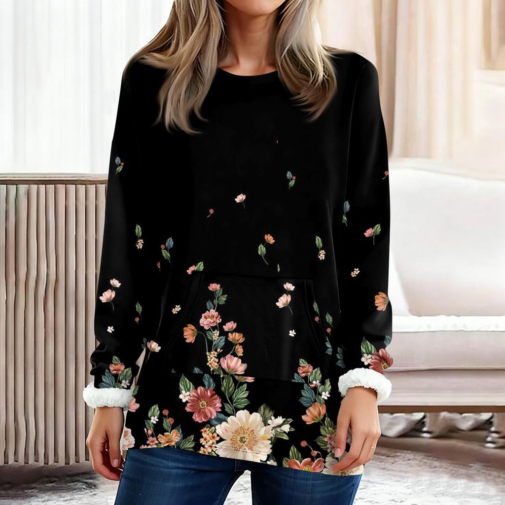 Women's Fashionable Printed Round Neck Long Sleeved Plush Warm Pullover Top
