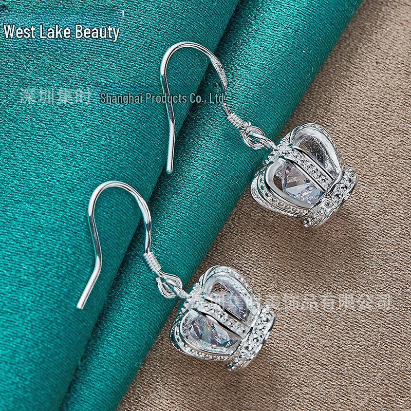 Silver Crown Zircon Earrings for Women - West Lake Beauty