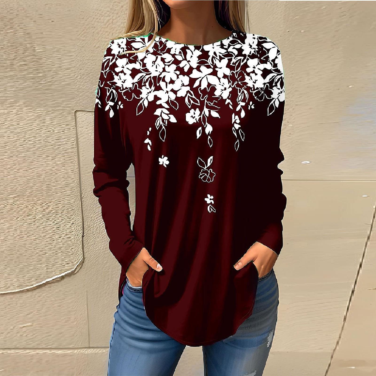 

Футболки для женщин, осенние повседневные рубашки с длинными рукавами, толстовка с ретро-принтом, топ, пуловер XL винный