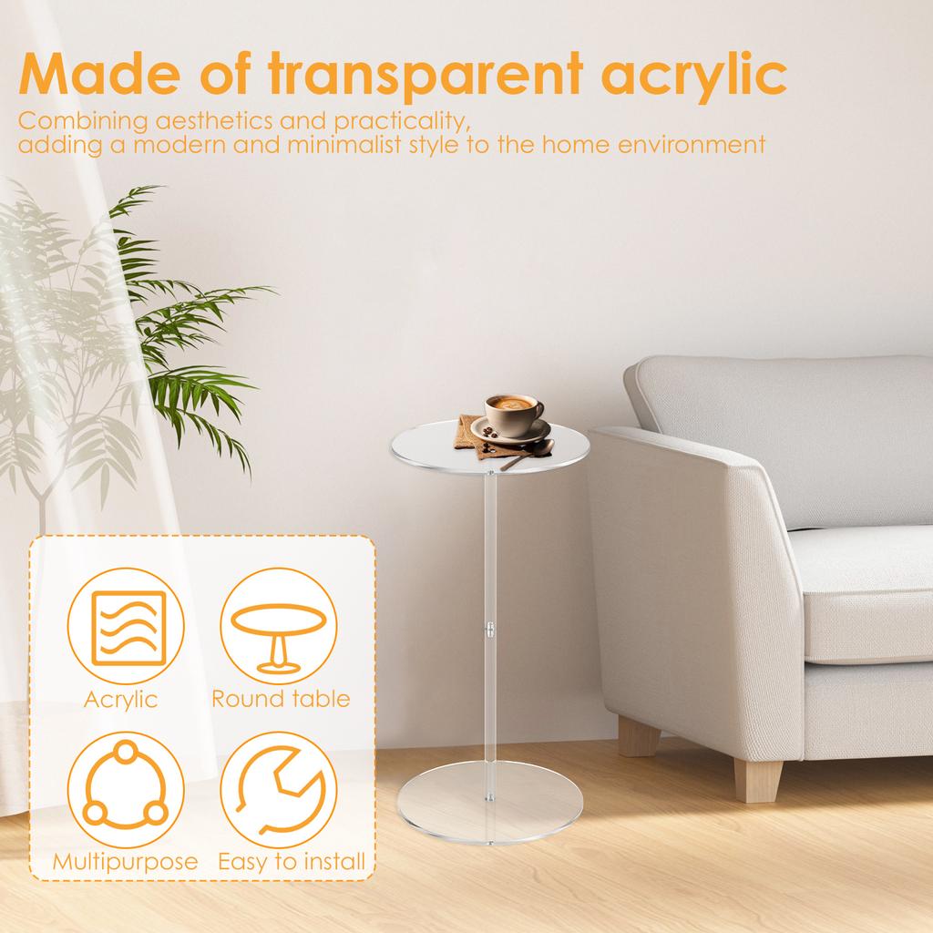 Acrylic Transparent Tea Table Drink Side Table Space Saving Small Round End Table Easy Assembly for Living Room Bedroom Office