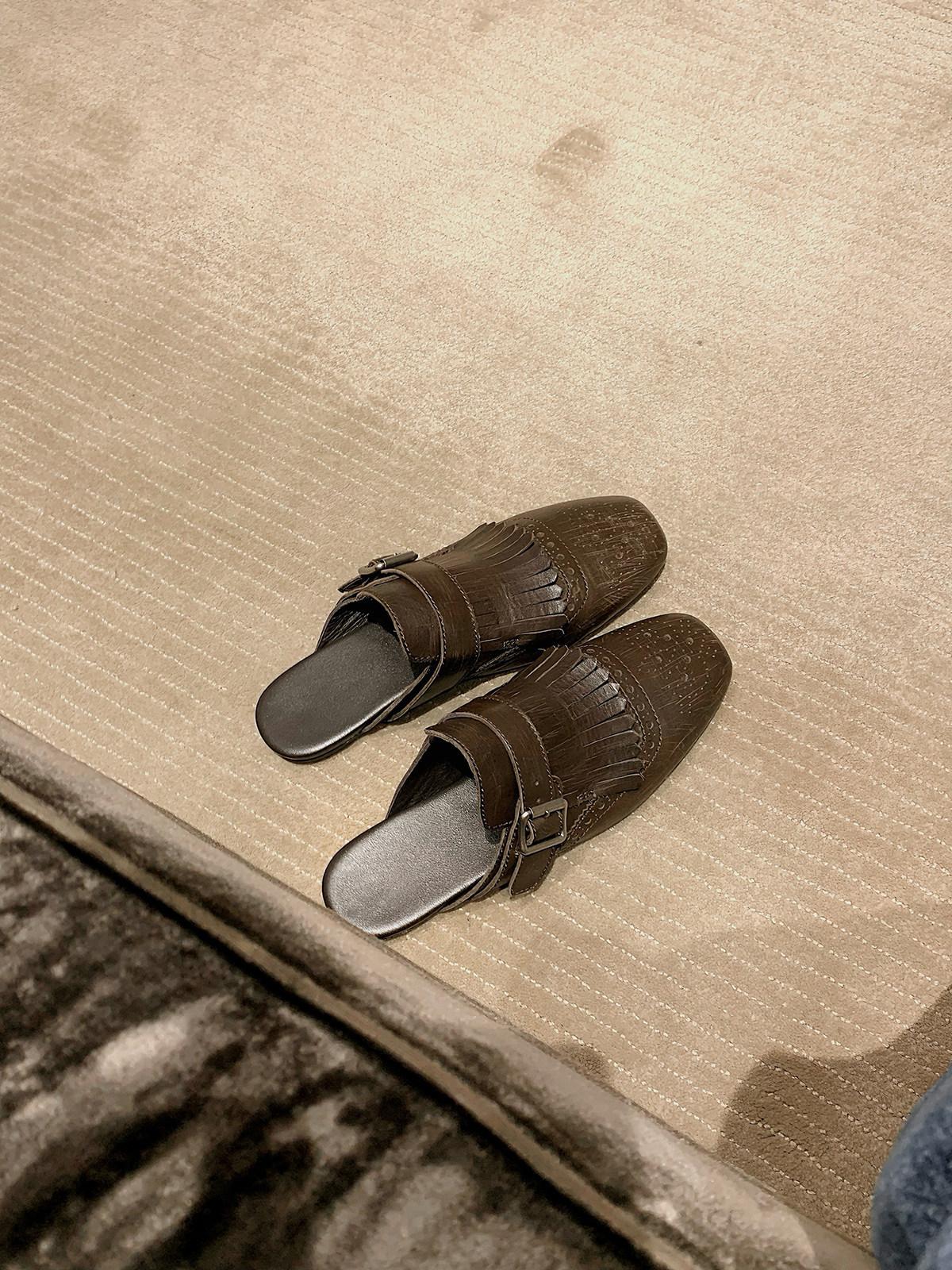 

Vintage Brock Carved Tassel Buckle Half Trail One Pedal Square Head Muller Shoes 42 коричневий