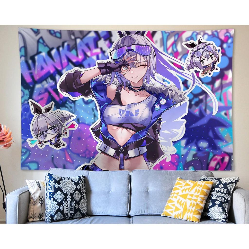 Anime Gobelin Wiszący na Ścianę Honkai Star Rail Srebrny Wilk Gobelin Sztuka Ścienna Dekoracje Domowe Dekoracja Salonu Dekoracja Sypialni Akademik Prezent