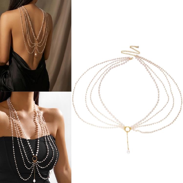 Multi Strand Imitation Pearls Tassels Necklace with Ring Elements Lightweight Alloy Neck Accessory for Various Occasions