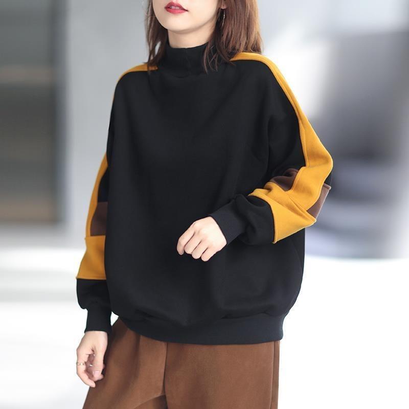 Autumn Winter High Collar Loose Casual Patchwork Velvet Sweatshirt Women Simple Fashion All-match Pullover Top
