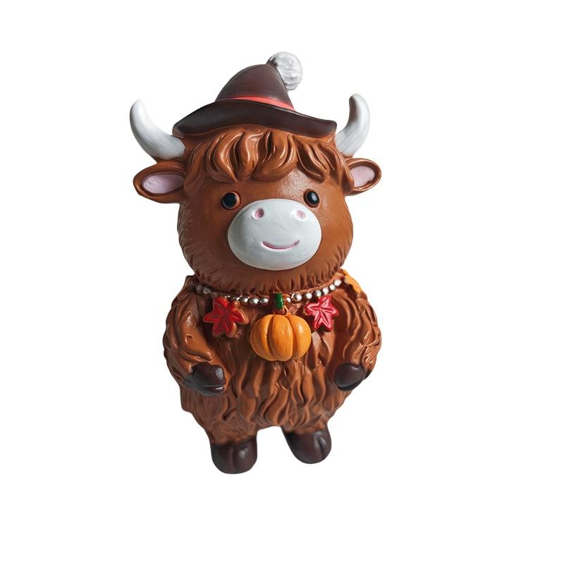 Halloween & Christmas Highland Cow Ornament Cute Resin Farmhouse Animal Figurine Funny Decorative Cow Statue Tabletop Home Decor