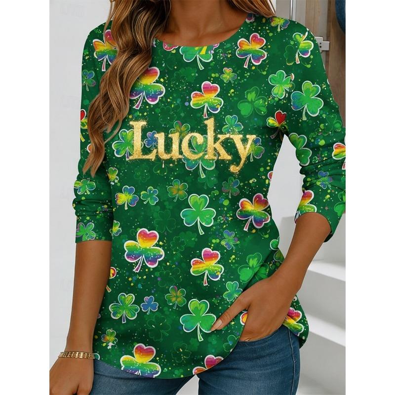 St.Patrick’s Day Green Lucky Clover Element Women's Long-sleeved T-shirt 3D Print Round Neck Festival Women Clothing Tops Tees