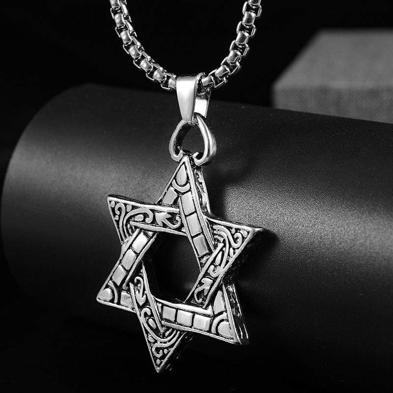 Stainless Steel Jewelry Titanium Steel Necklace Men's Retro Double-sided Six-pointed Star Alloy Pendant Personality Hip Hop Accessories