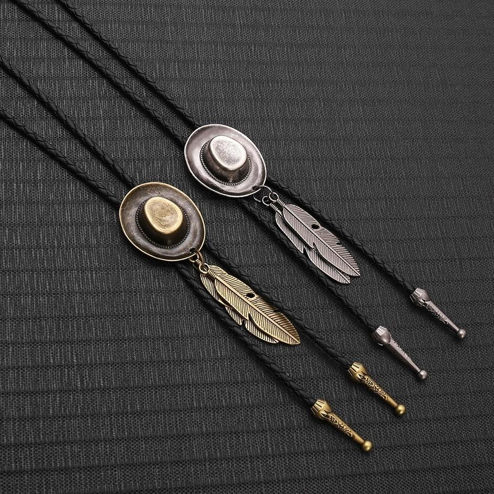Vintage Western Cowboy Hat Necklace Unisex Metal Feather Necktie Long Pendant Chain Western Style