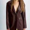 Womens Vintage Brown PU Leather Blazer Coat Loose Fit Notched Lapel Office Chic Single-Breasted Jacket