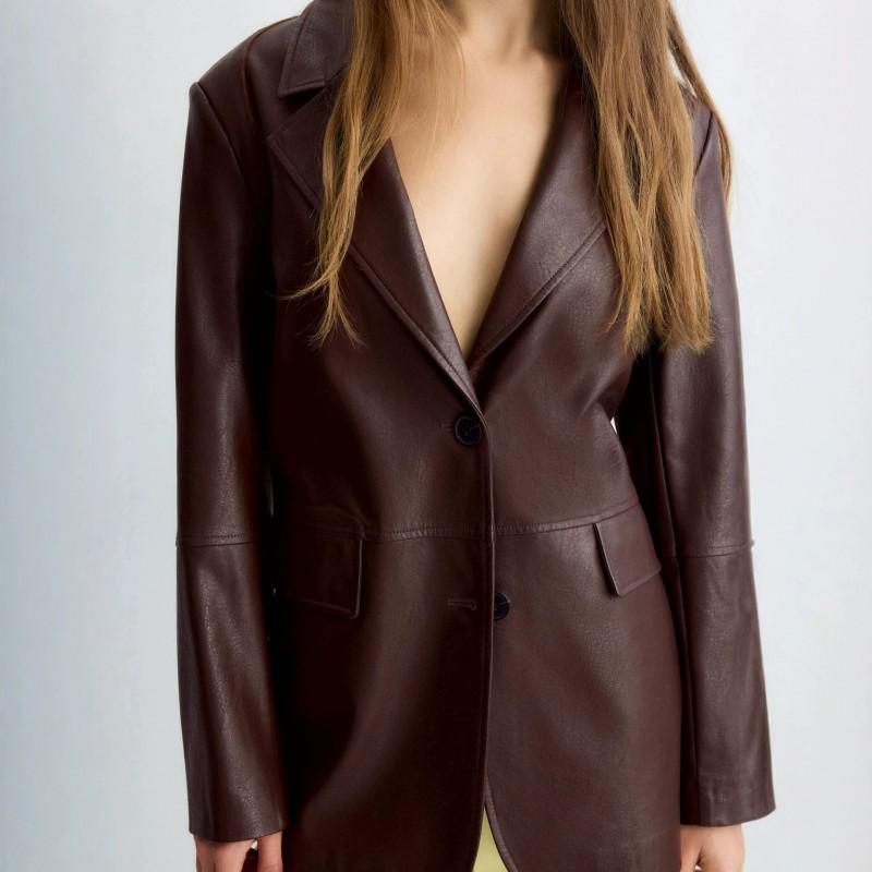 Womens Vintage Brown PU Leather Blazer Coat Loose Fit Notched Lapel Office Chic Single-Breasted Jacket