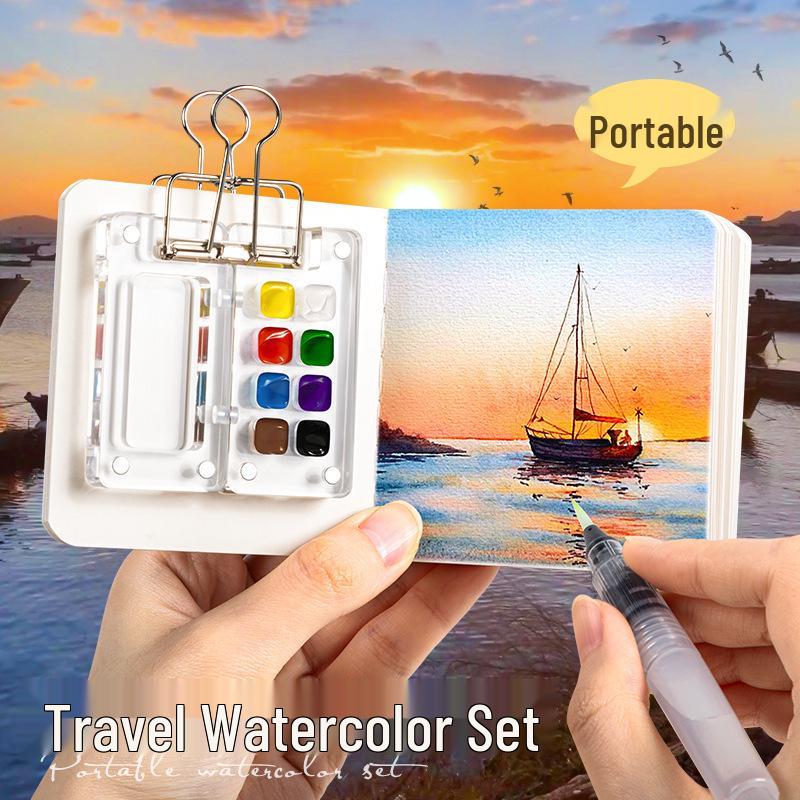 Mini Watercolor Walnut Box: Portable Travel Sketchbook & Palette