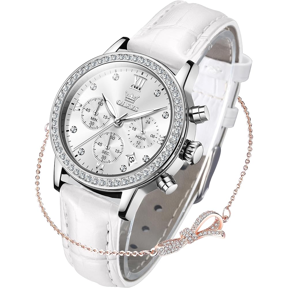 OLEVS Women s Quartz Watch Leather Strap Lightweight Waterproof Date Display White Bracelet Set