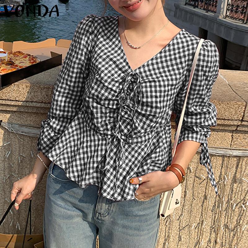 VONDA Women Summer V Neck Long Sleeve Drawstring Ruffled Plaid Casual Blouse