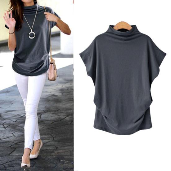 Plus Size Women Plain T-Shirt Short Batwing Sleeve Side Pleats Turtleneck Top