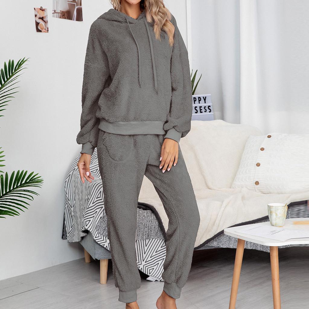 Women Fashion Casual Solid Pockets Plush Long Sleeve Long Pants Home Suit