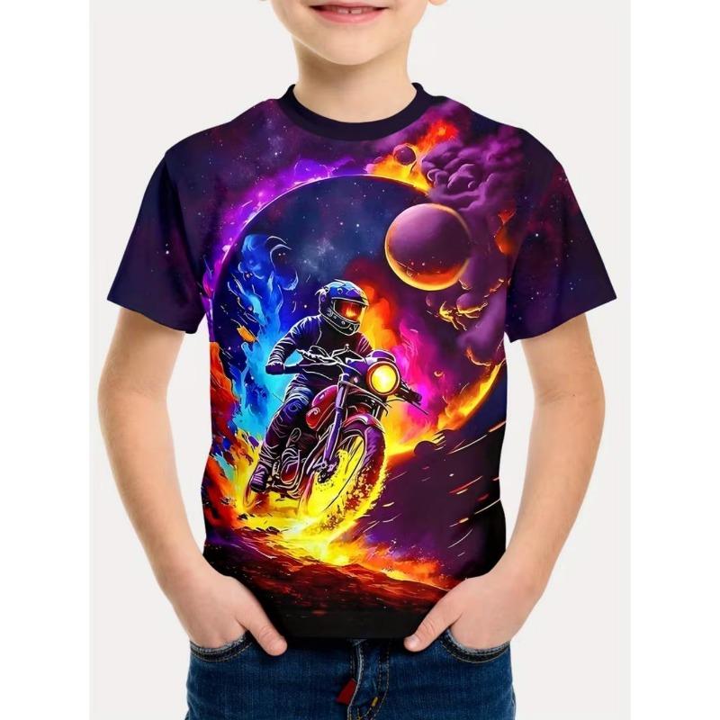 Boys 3D Print Dirt Bike Graphic T-Shirt, Cool Motocross Rider Short Sleeve