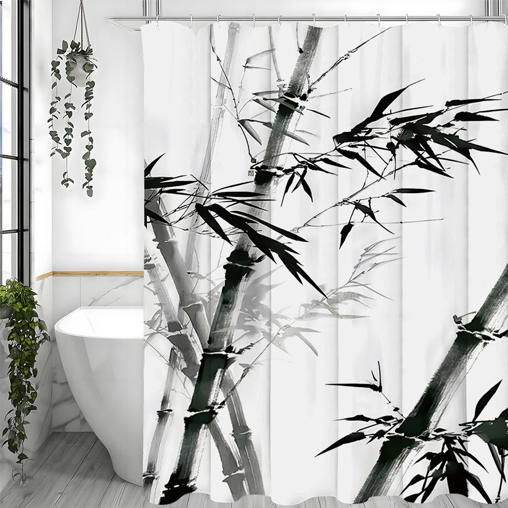 Chinese Ink Painting Bamboo Shower Curtain, Bathroom Decorative Shower Curtain, Waterproof Shower Curtain with Hooks