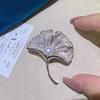 Gold-Plated Ginkgo Leaf Brooch with Zircon & Pearl Corsage Pin