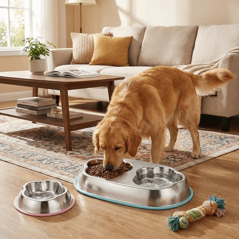 Single/Double Bowl Stainless Steel Cat Bowl Non Slip Pet Drinking Bowl For Dogs Cats