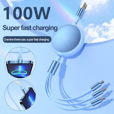 Câble de données 100W Coque en aluminium 3-en-1 Charge super rapide Extensible Faible consommation d'énergie Câble Type-C/Micro USB/8 broches