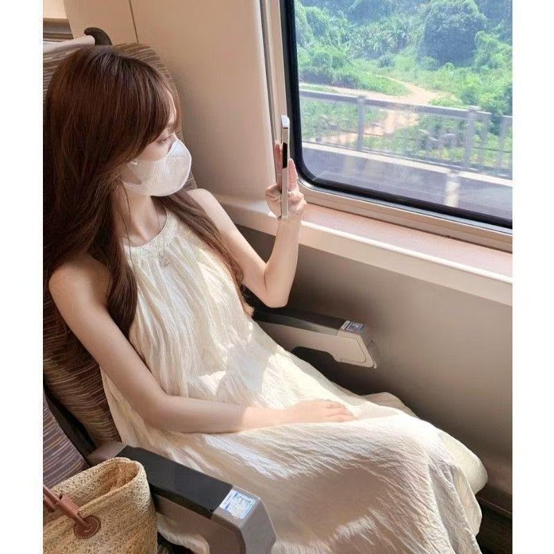 French neck dress fairy summer loose and thin new sleeveless sweet temperament seaside vacation long skirt