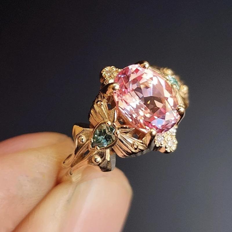 1pz Anello di Lusso alla Moda con Fiori Incastonato con Zirconi Sintetici Rosa