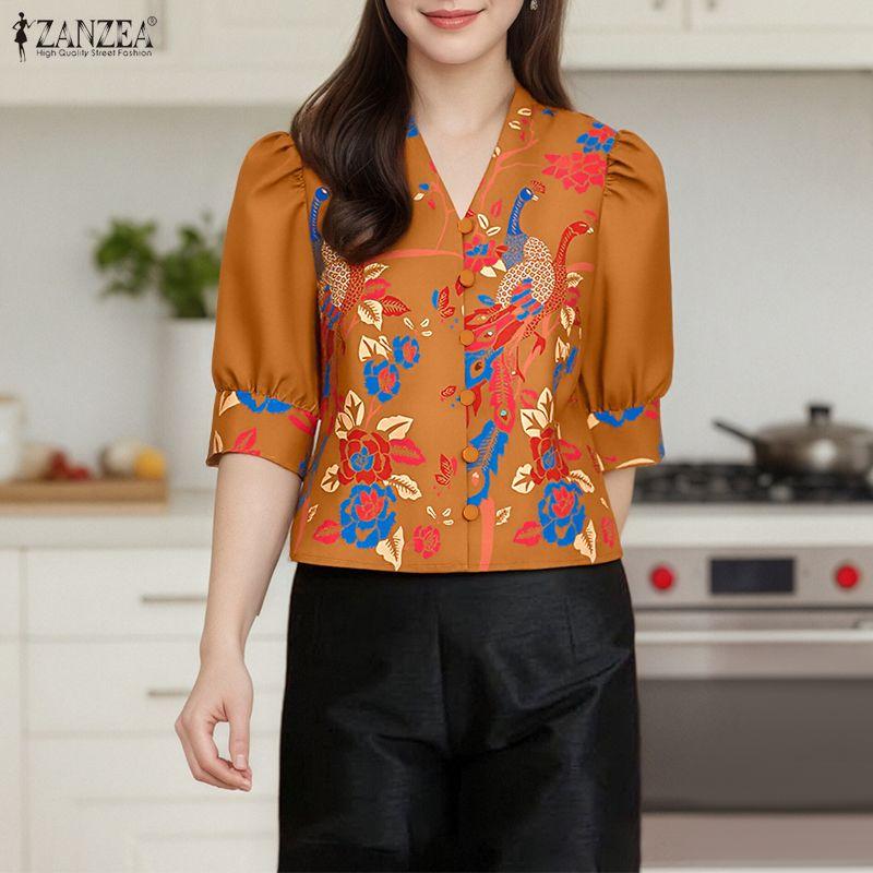 ZANZEA Women Casual V-Neck Summer Half Sleeve Print Blouse