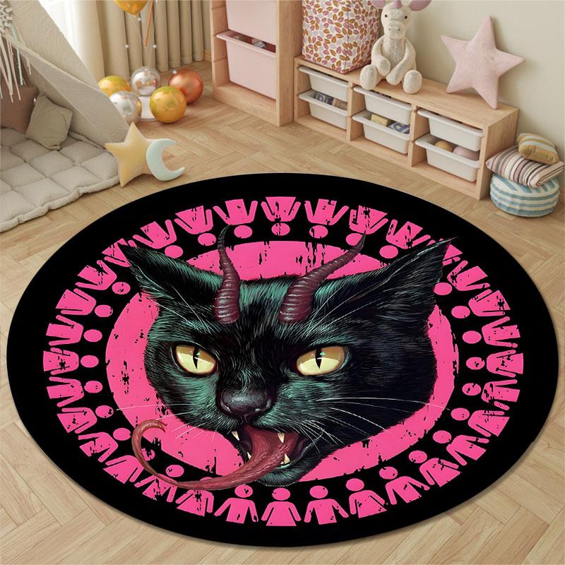 Lovely Gothic Black Cat Green Eyes Round Rug, Pastel Pink Elegant Touch, Charming Decor for Dorm Apartment and Rental with Hip with Sparkle
