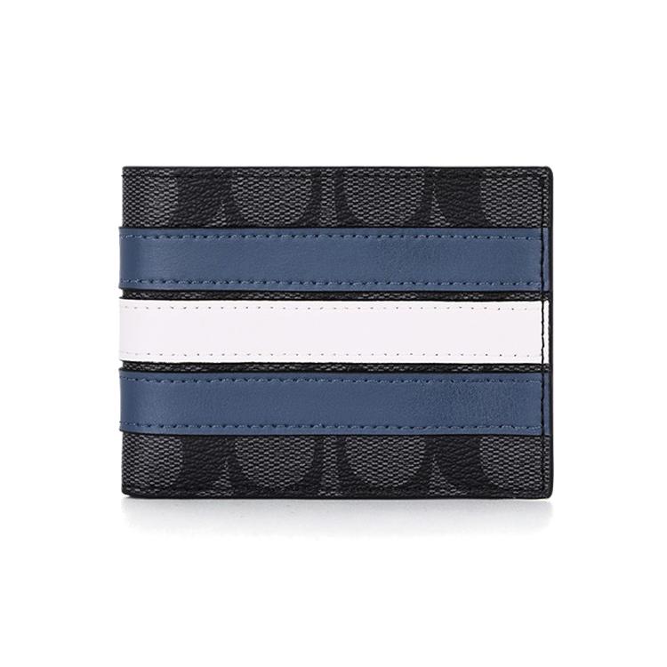 

New COACH Billfold Wallet PVC Wallet Men s Black Gray & Blue White 3004-QBOH0 9.9*2.0*8.1CM