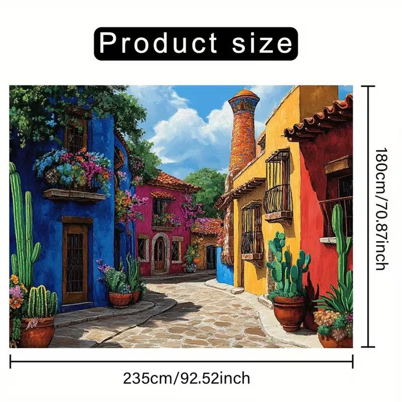 Lively Mexican Street Tapestry, Rainbow Houses with Balcony Flowers and Potted Cacti, Playful Boho Wall Art