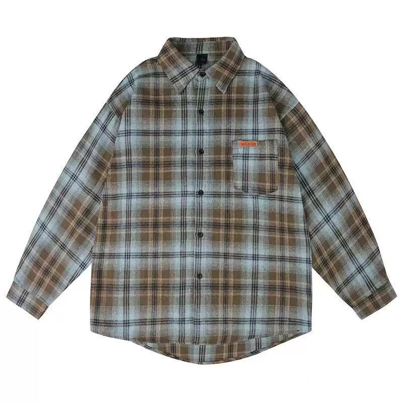 

Женский ретро кардиган-рубашка в клетку с длинным рукавом - Средней длины, свободного кроя для весны и осени L