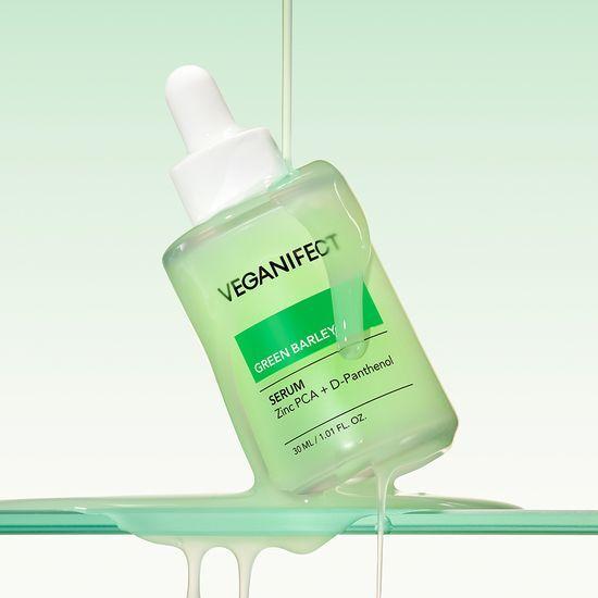 Kłopoty, Łagodząca/Regulująca sebum Pielęgnacja Veganifect Zielony Jęczmień Cynk Serum 30ml